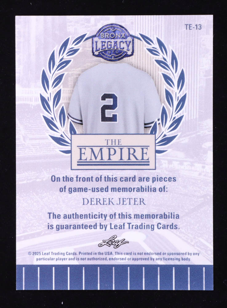 Derek Jeter 2025 Leaf A Bronx Legacy The Empire Memorabilia Spectrum Purple Holofoil #TE13 #10/25 at PristineAuction.com Derek Jeter 2025 Leaf A Bronx Legacy The Empire Memorabilia Spectrum Purple Holofoil #TE13 #10/25 at PristineAuction.com