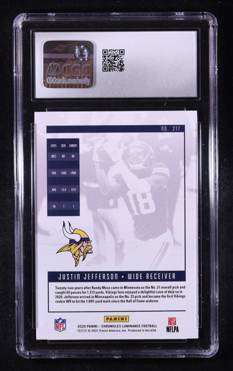 Justin Jefferson 2020 Panini Luminance Pink #217 CHRONICLES RC (CGC 10) at PristineAuction.com Justin Jefferson 2020 Panini Luminance Pink #217 CHRONICLES RC (CGC 10) at PristineAuction.com