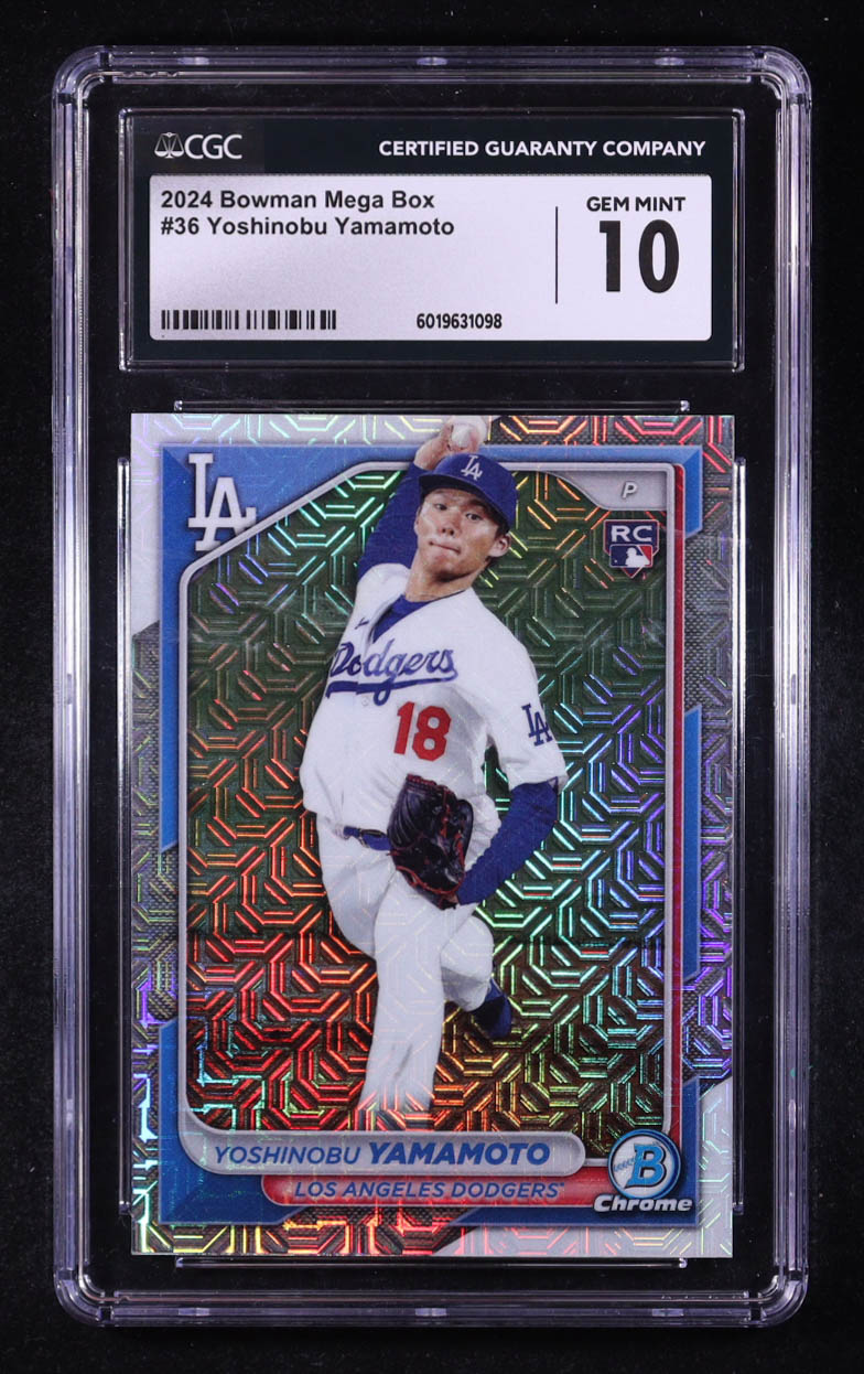 Yoshinobu Yamamoto 2024 Bowman Chrome Bowman Mega Box #36 RC (CGC 10) at PristineAuction.com Yoshinobu Yamamoto 2024 Bowman Chrome Bowman Mega Box #36 RC (CGC 10) at PristineAuction.com