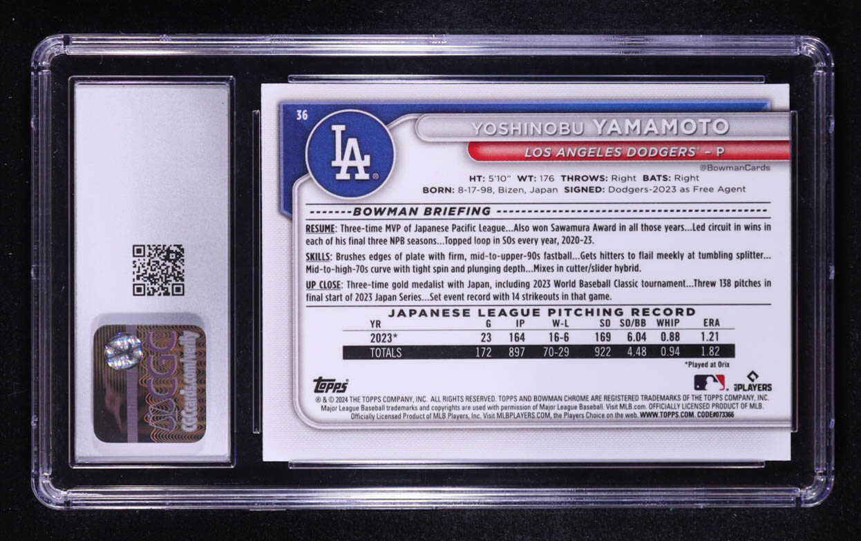 Yoshinobu Yamamoto 2024 Bowman Chrome Bowman Mega Box #36 RC (CGC 10) at PristineAuction.com Yoshinobu Yamamoto 2024 Bowman Chrome Bowman Mega Box #36 RC (CGC 10) at PristineAuction.com