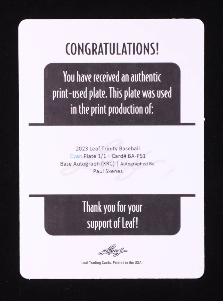 Paul Skenes 2023 Leaf Trinity Autographs Printing Plates Cyan #BAPS1 RC #1/1 at PristineAuction.com Paul Skenes 2023 Leaf Trinity Autographs Printing Plates Cyan #BAPS1 RC #1/1 at PristineAuction.com