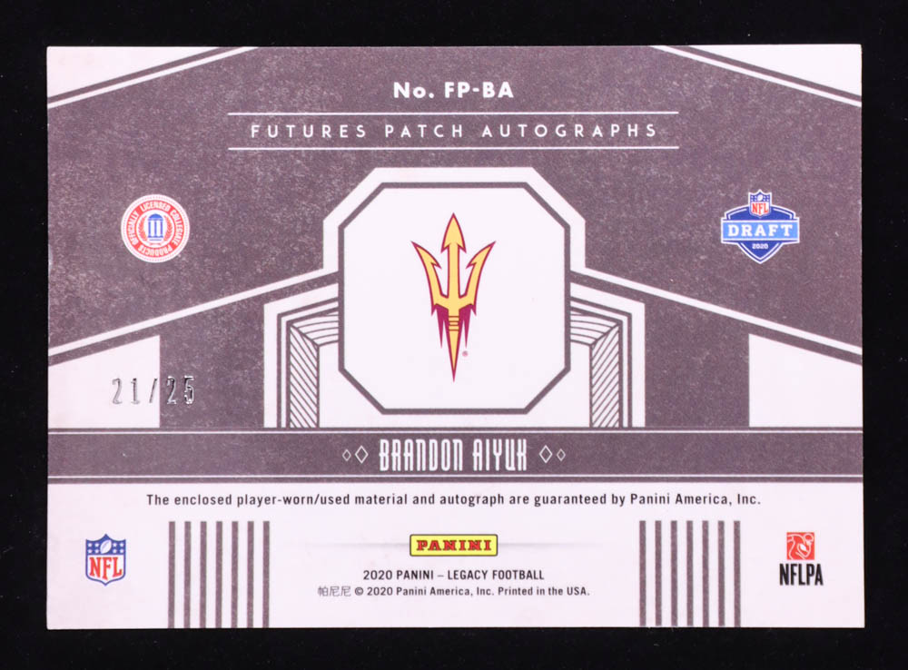 Brandon Aiyuk 2020 Panini Legacy Futures Patch Autographs Sapphire #11 RC #21/25 at PristineAuction.com Brandon Aiyuk 2020 Panini Legacy Futures Patch Autographs Sapphire #11 RC #21/25 at PristineAuction.com