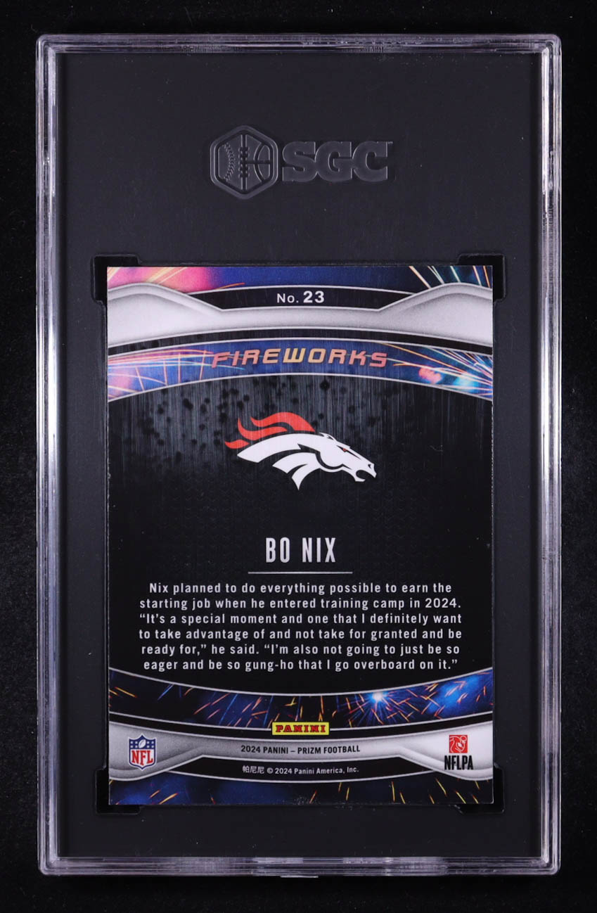 Bo Nix 2024 Panini Prizm Fireworks #23 RC (SGC 10) at PristineAuction.com Bo Nix 2024 Panini Prizm Fireworks #23 RC (SGC 10) at PristineAuction.com