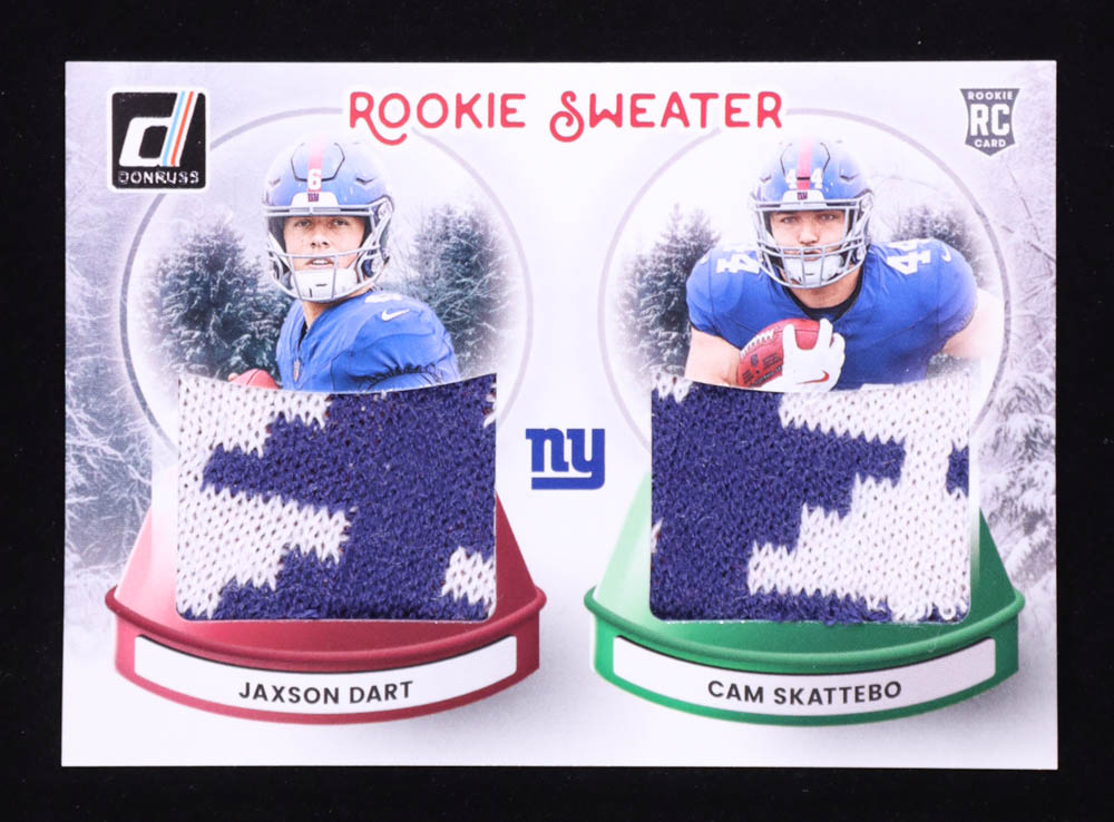 Cam Skattebo / Jaxson Dart 2025 Donruss Rookie Holiday Sweater Dual #3 RC at PristineAuction.com Cam Skattebo / Jaxson Dart 2025 Donruss Rookie Holiday Sweater Dual #3 RC at PristineAuction.com