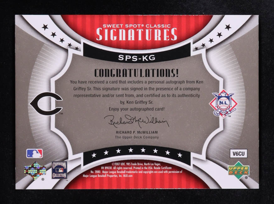 Ken Griffey Sr. 2007 Sweet Spot Classic Signatures Red Stitch Black Ink #SPSKG #085/175 at PristineAuction.com Ken Griffey Sr. 2007 Sweet Spot Classic Signatures Red Stitch Black Ink #SPSKG #085/175 at PristineAuction.com