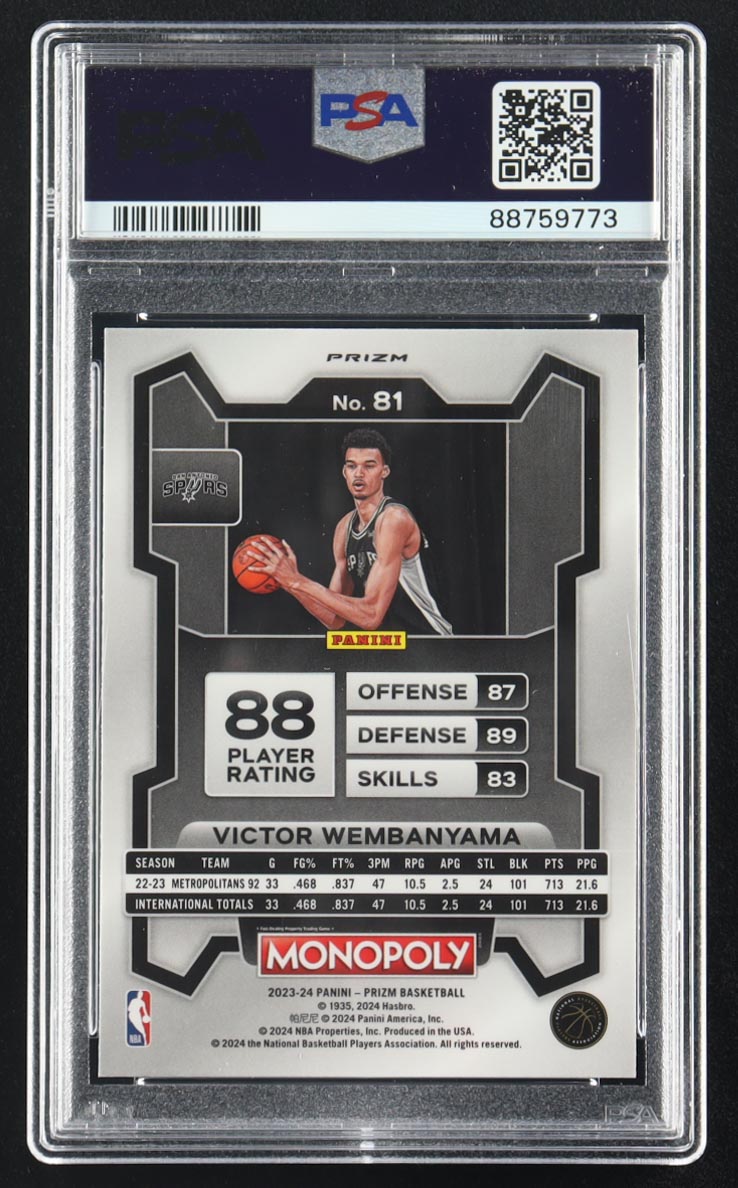 Victor Wembanyama 2023 Panini Prizm Monopoly Purple #81 RC (PSA 10) at PristineAuction.com Victor Wembanyama 2023 Panini Prizm Monopoly Purple #81 RC (PSA 10) at PristineAuction.com