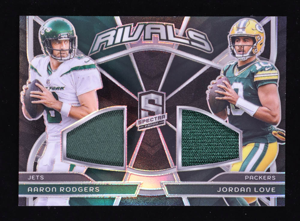 Aaron Rodgers / Jordan Love 2024 Panini Spectra Rivals Materials #3 #60/99 at PristineAuction.com Aaron Rodgers / Jordan Love 2024 Panini Spectra Rivals Materials #3 #60/99 at PristineAuction.com