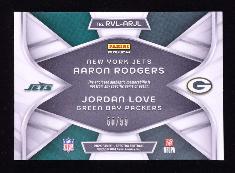 Aaron Rodgers / Jordan Love 2024 Panini Spectra Rivals Materials #3 #60/99 at PristineAuction.com Aaron Rodgers / Jordan Love 2024 Panini Spectra Rivals Materials #3 #60/99 at PristineAuction.com