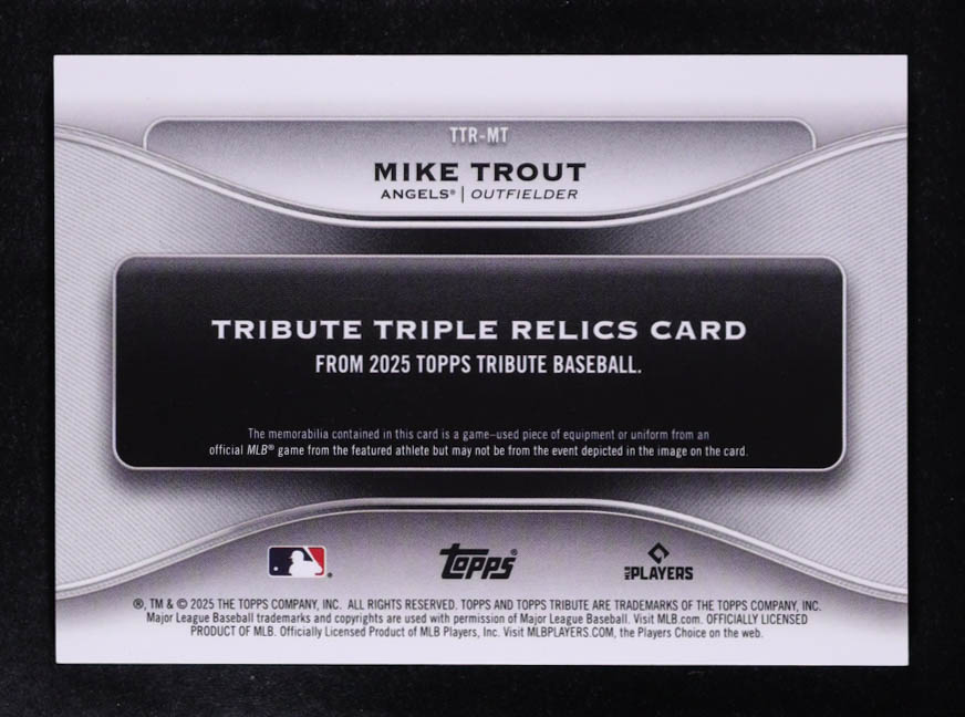 Mike Trout 2025 Topps Tribute Triple Relics Gold #TTRMT #14/75 at PristineAuction.com Mike Trout 2025 Topps Tribute Triple Relics Gold #TTRMT #14/75 at PristineAuction.com
