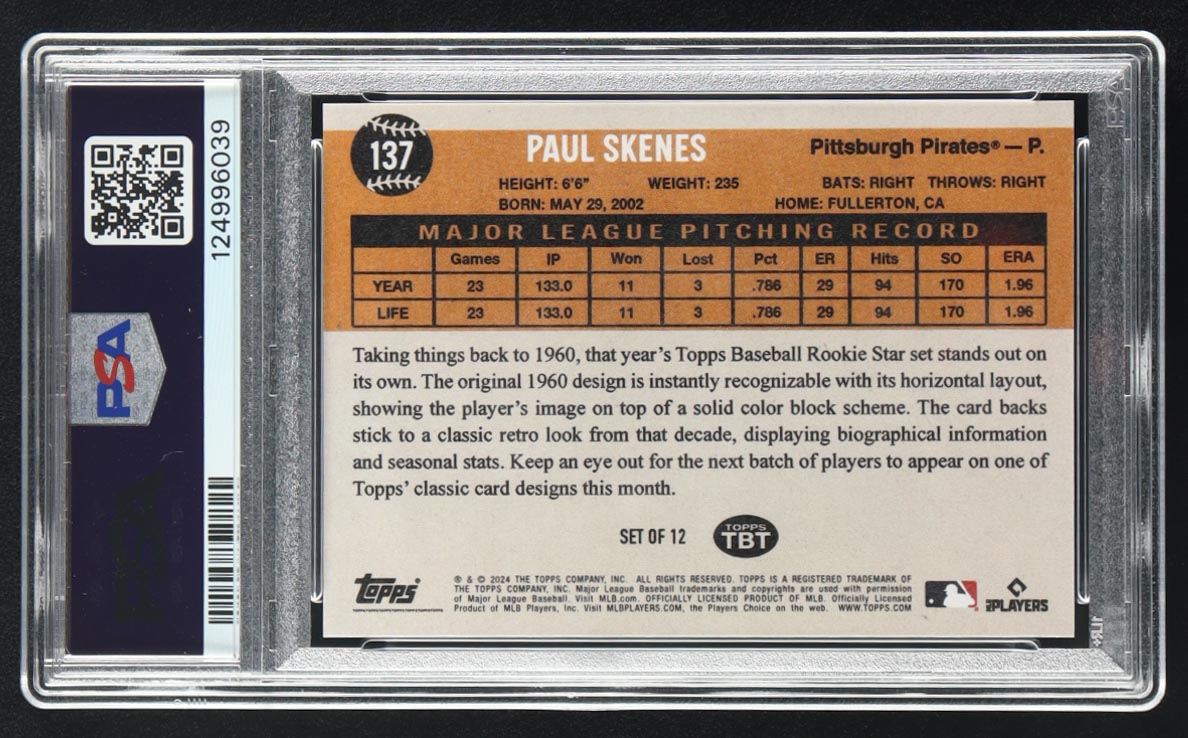 Paul Skenes 2024 Topps Throwback Thursday #137 '60 Topps Rookie Stars RC (PSA 10) at PristineAuction.com Paul Skenes 2024 Topps Throwback Thursday #137 '60 Topps Rookie Stars RC (PSA 10) at PristineAuction.com
