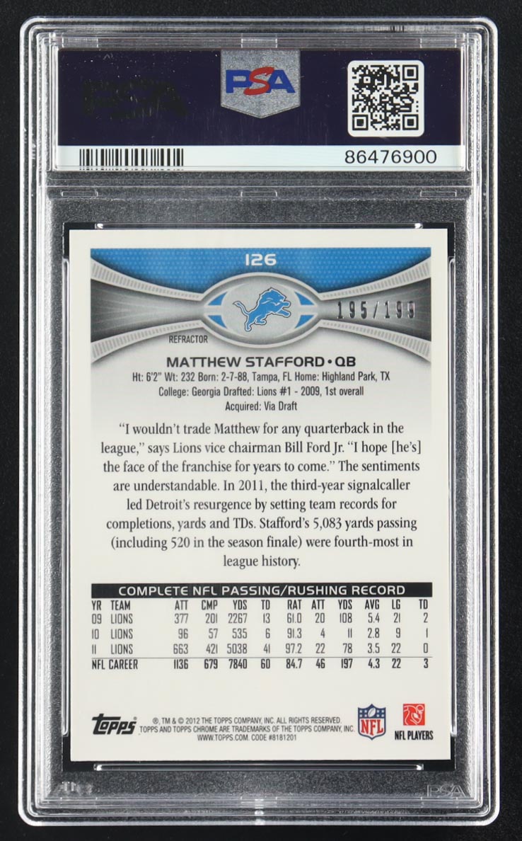 Matthew Stafford 2012 Topps Chrome Blue Refractor #126 #195/199 (PSA 9) at PristineAuction.com Matthew Stafford 2012 Topps Chrome Blue Refractor #126 #195/199 (PSA 9) at PristineAuction.com