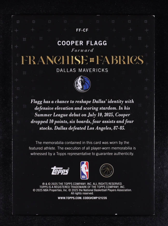 Cooper Flagg 2025-26 Topps Franchise Fabrics Orange Holo Foil #FFCF #08/25 RC at PristineAuction.com Cooper Flagg 2025-26 Topps Franchise Fabrics Orange Holo Foil #FFCF #08/25 RC at PristineAuction.com