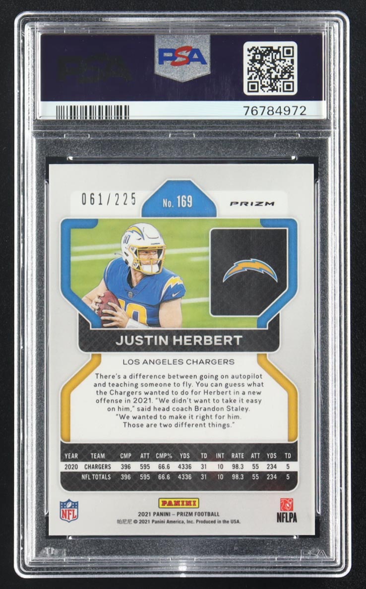 Justin Herbert 2021 Panini Prizm Purple Ice #169 #61/225 (PSA 10) at PristineAuction.com Justin Herbert 2021 Panini Prizm Purple Ice #169 #61/225 (PSA 10) at PristineAuction.com