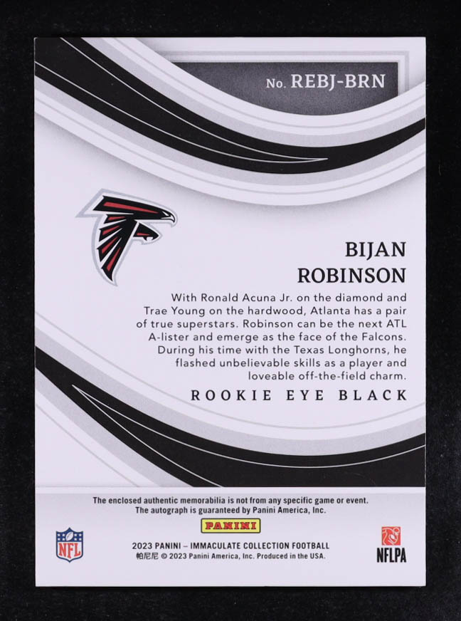 Bijan Robinson 2023 Immaculate Collection Immaculate Rookie Eye Black Autograph Jerseys #4 #48/99 RC at PristineAuction.com Bijan Robinson 2023 Immaculate Collection Immaculate Rookie Eye Black Autograph Jerseys #4 #48/99 RC at PristineAuction.com