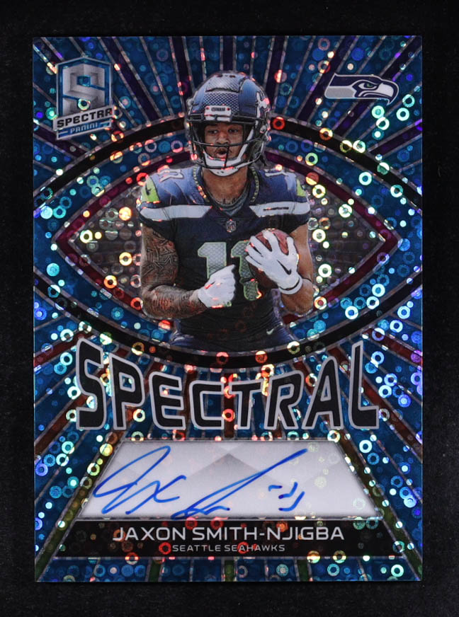 Jaxon Smith-Njigba 2023 Panini Spectra Spectral Signatures Neon Blue #5 #21/50 RC at PristineAuction.com Jaxon Smith-Njigba 2023 Panini Spectra Spectral Signatures Neon Blue #5 #21/50 RC at PristineAuction.com