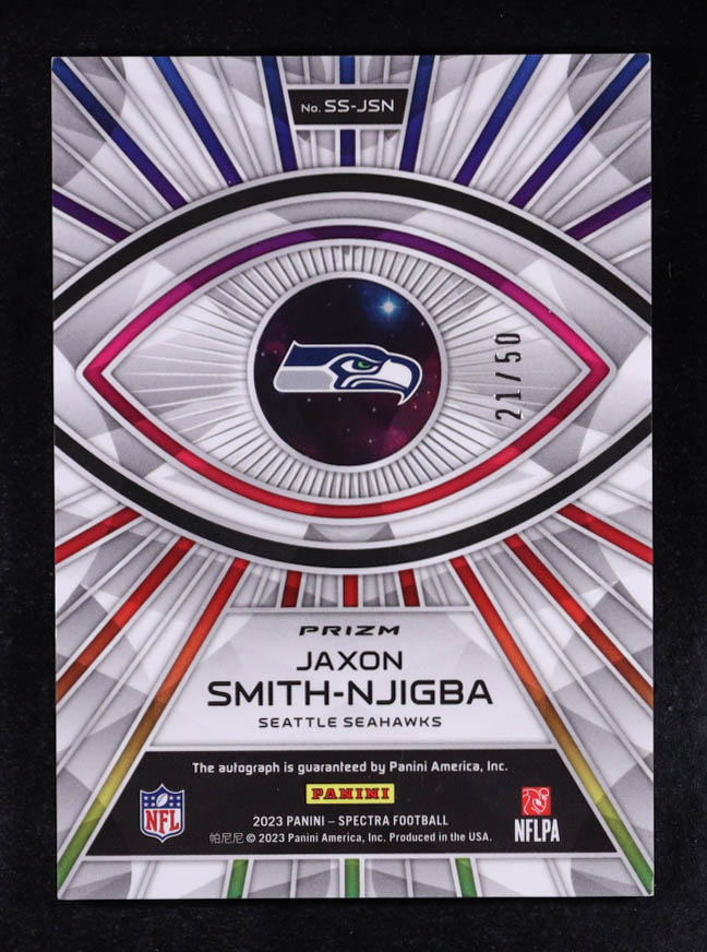 Jaxon Smith-Njigba 2023 Panini Spectra Spectral Signatures Neon Blue #5 #21/50 RC at PristineAuction.com Jaxon Smith-Njigba 2023 Panini Spectra Spectral Signatures Neon Blue #5 #21/50 RC at PristineAuction.com