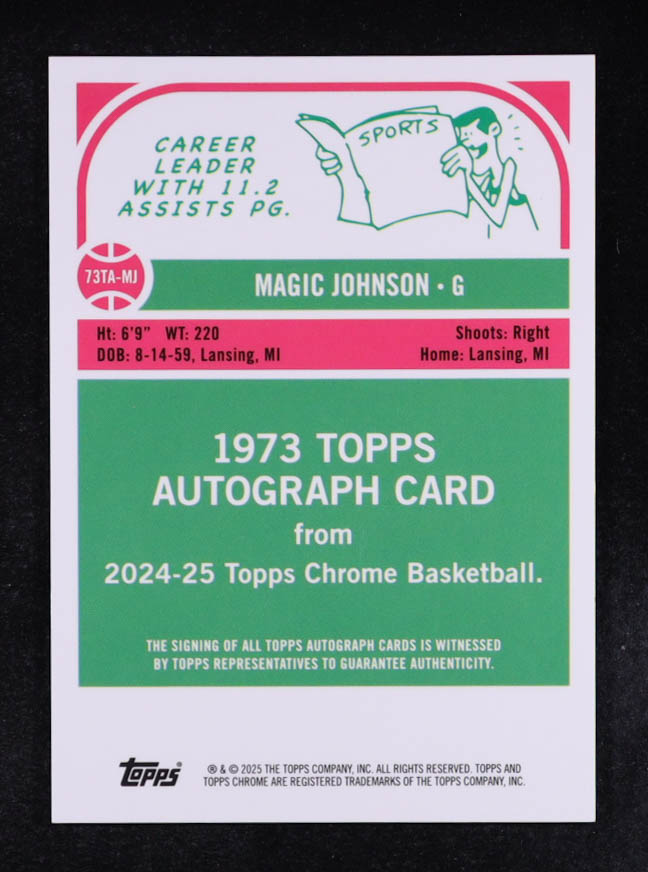 Magic Johnson 2024-25 Topps Chrome '73 Topps Autographs Gold Geometric Refractors #73TAMJ #03/50 at PristineAuction.com Magic Johnson 2024-25 Topps Chrome '73 Topps Autographs Gold Geometric Refractors #73TAMJ #03/50 at PristineAuction.com