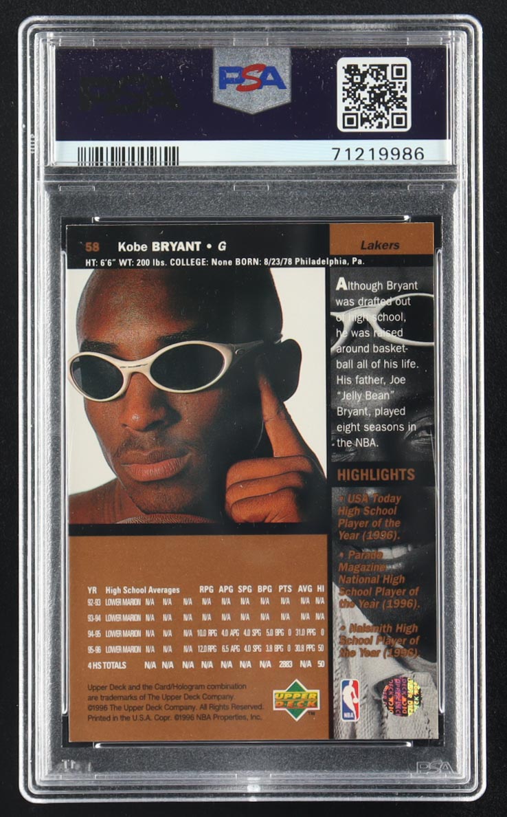 Kobe Bryant 1996-97 Upper Deck #58 RC (PSA 9) at PristineAuction.com Kobe Bryant 1996-97 Upper Deck #58 RC (PSA 9) at PristineAuction.com