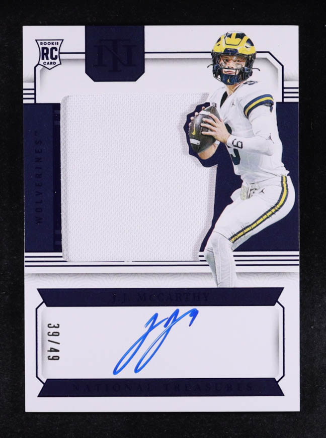 JJ McCarthy 2024 Panini National Treasures Collegiate College Silhouettes Signatures Blue #1 #39/49 RC at PristineAuction.com JJ McCarthy 2024 Panini National Treasures Collegiate College Silhouettes Signatures Blue #1 #39/49 RC at PristineAuction.com