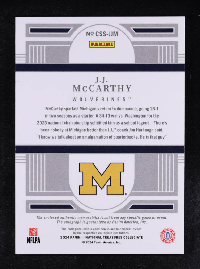 JJ McCarthy 2024 Panini National Treasures Collegiate College Silhouettes Signatures Blue #1 #39/49 RC at PristineAuction.com JJ McCarthy 2024 Panini National Treasures Collegiate College Silhouettes Signatures Blue #1 #39/49 RC at PristineAuction.com