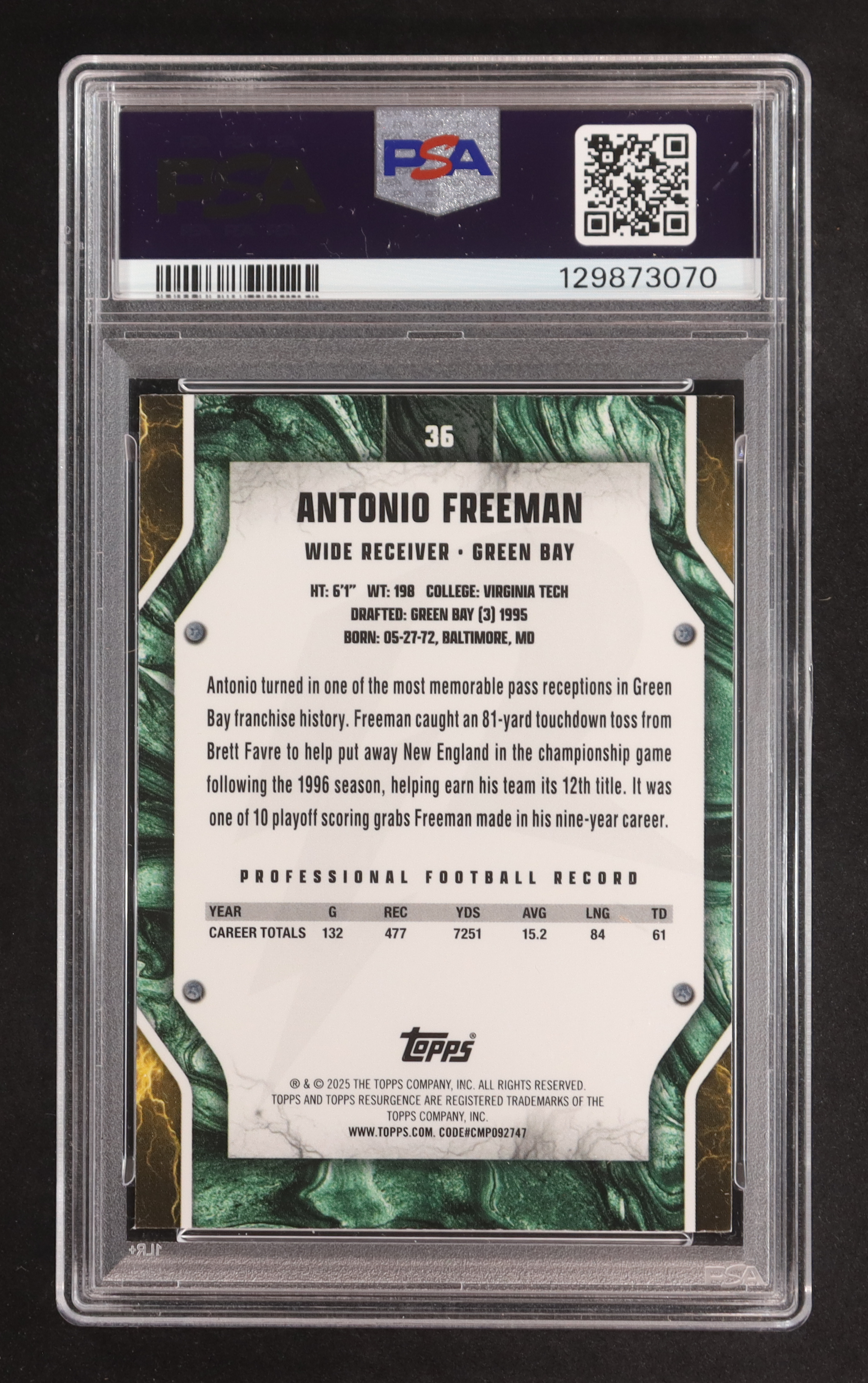 Antonio Freeman 2024 Topps Resurgence Green Surge #36 #23/175 (PSA 10) at PristineAuction.com Antonio Freeman 2024 Topps Resurgence Green Surge #36 #23/175 (PSA 10) at PristineAuction.com