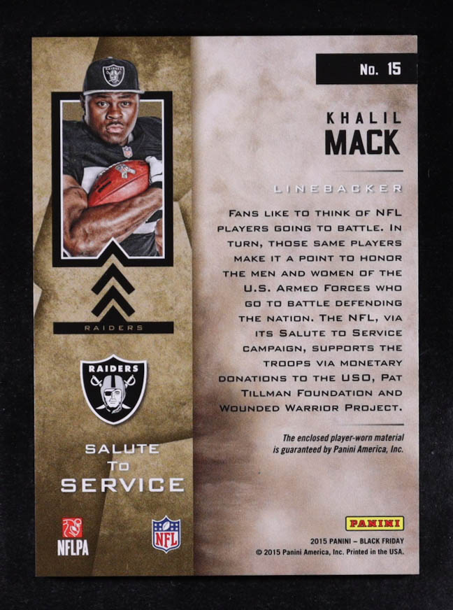 Khalil Mack 2015 Panini Black Friday Salute to Service Materials Jerseys #15 at PristineAuction.com Khalil Mack 2015 Panini Black Friday Salute to Service Materials Jerseys #15 at PristineAuction.com