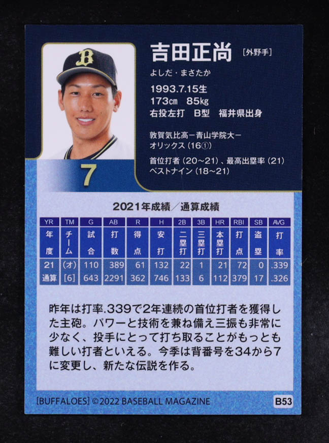Masataka Yoshida 2022 BBM Orix Buffaloes #B53 RC at PristineAuction.com Masataka Yoshida 2022 BBM Orix Buffaloes #B53 RC at PristineAuction.com