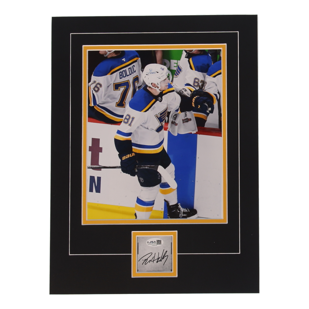 Dylan Holloway Signed Blues Custom Cut Lithograph Display with Photo (JSA) at PristineAuction.com Dylan Holloway Signed Blues Custom Cut Lithograph Display with Photo (JSA) at PristineAuction.com