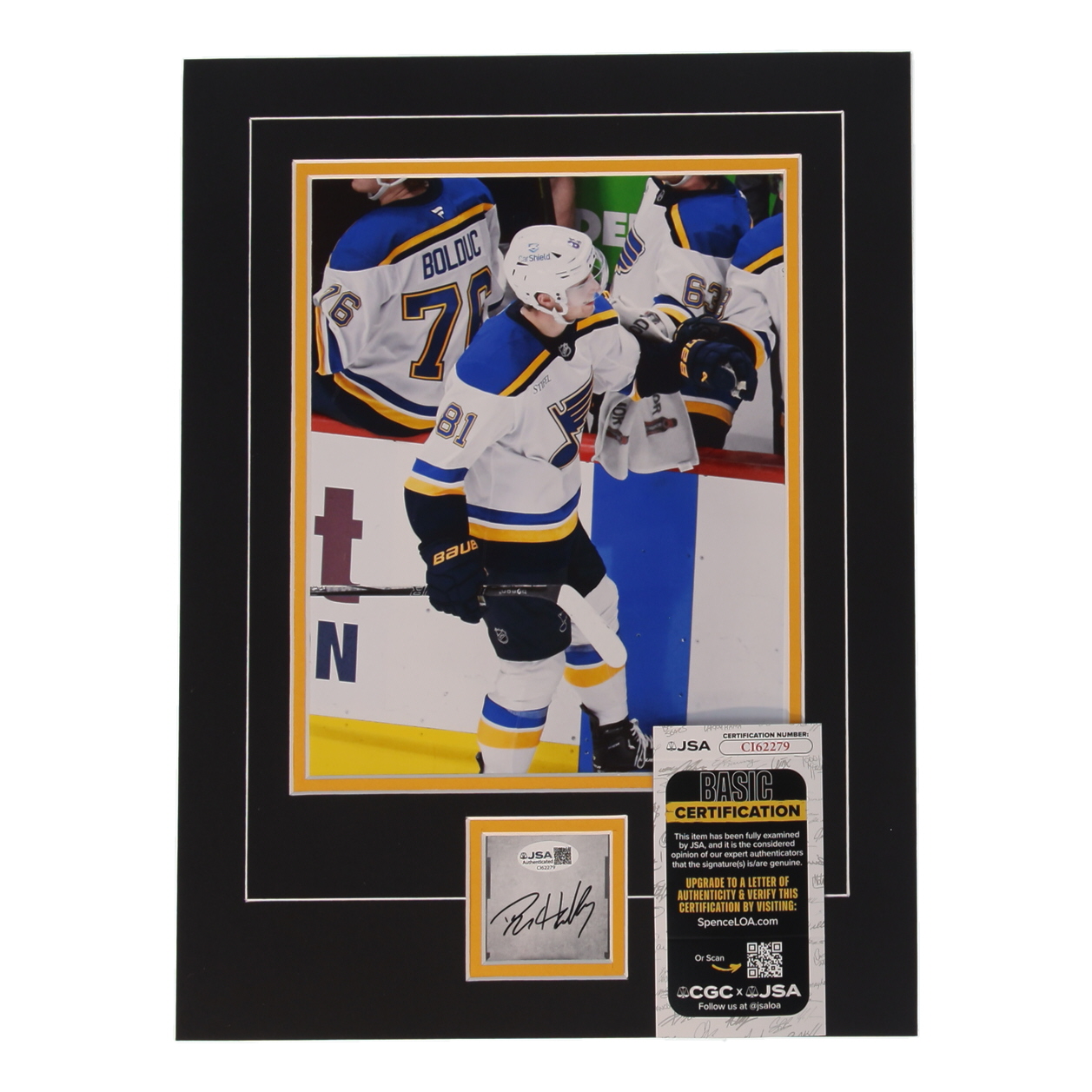 Dylan Holloway Signed Blues Custom Cut Lithograph Display with Photo (JSA) at PristineAuction.com Dylan Holloway Signed Blues Custom Cut Lithograph Display with Photo (JSA) at PristineAuction.com