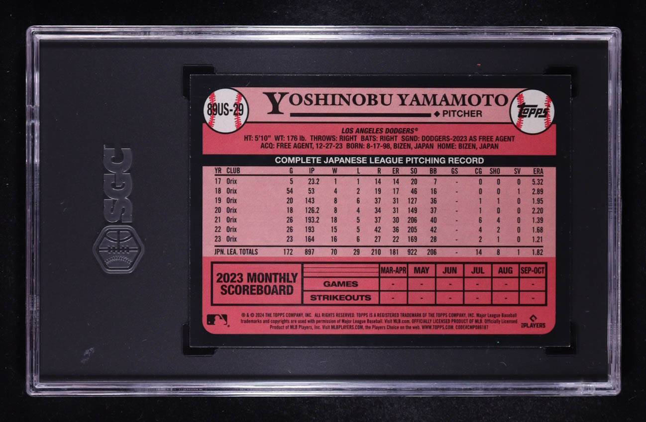 Yoshinobu Yamamoto 2024 Topps Update '89 Topps #89US29 RC (SGC 10) at PristineAuction.com Yoshinobu Yamamoto 2024 Topps Update '89 Topps #89US29 RC (SGC 10) at PristineAuction.com
