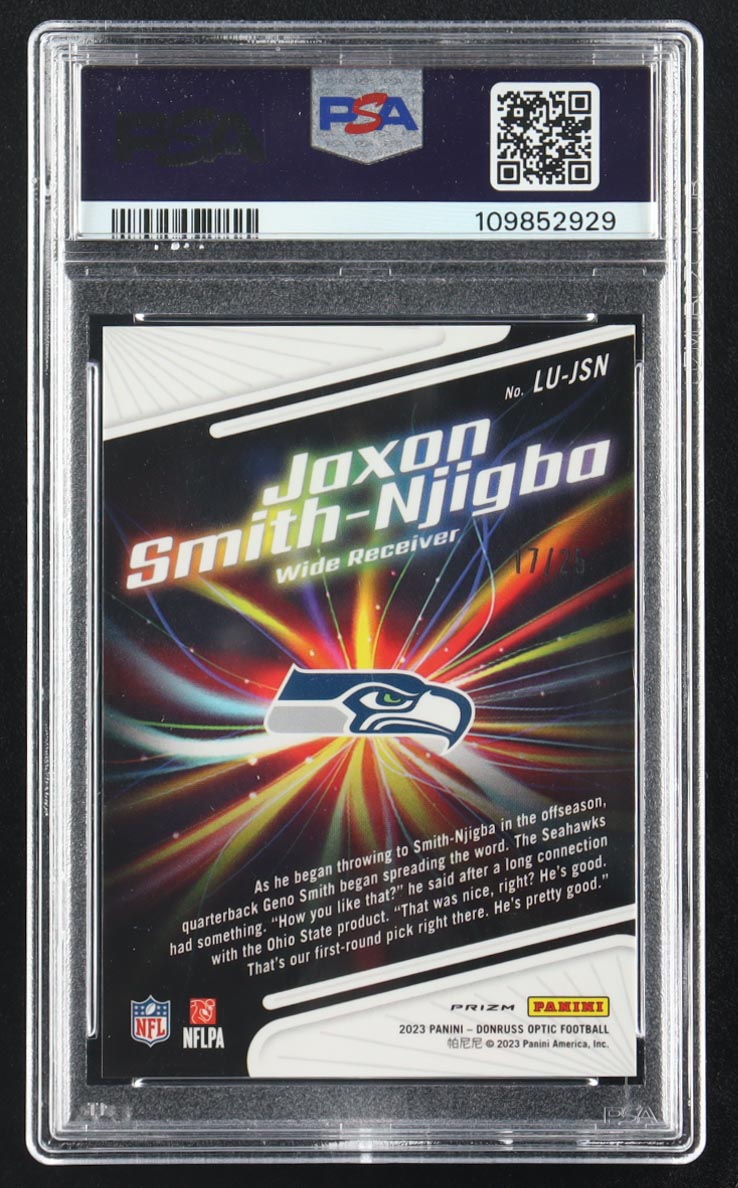 Jaxon Smith-Njigba 2023 Donruss Optic Light It Up Black Pandora #LUJSN #17/25 RC (PSA 9) at PristineAuction.com Jaxon Smith-Njigba 2023 Donruss Optic Light It Up Black Pandora #LUJSN #17/25 RC (PSA 9) at PristineAuction.com