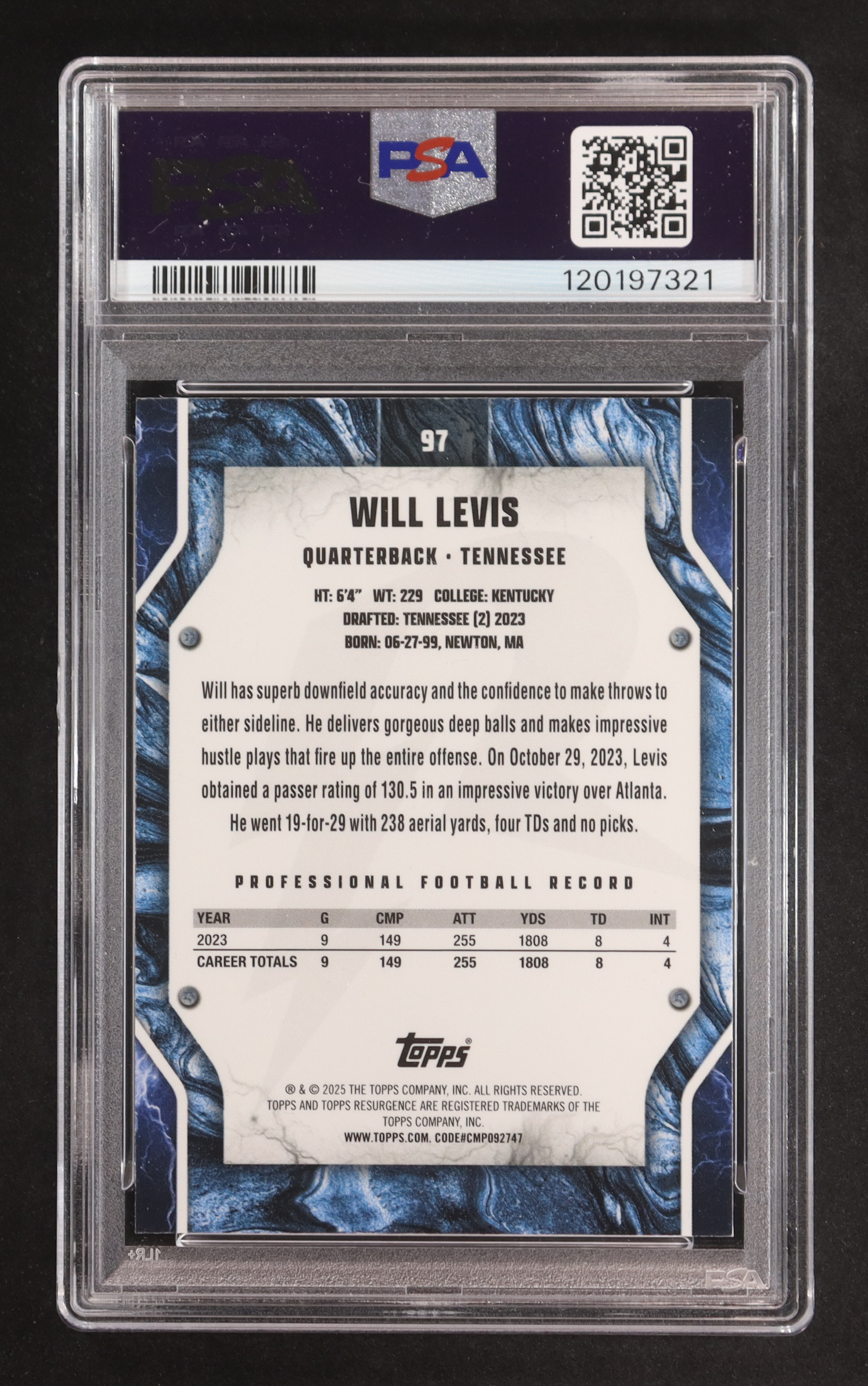 Will Levis 2024 Topps Resurgence Blue Surge #97 #82/99 (PSA 10) at PristineAuction.com Will Levis 2024 Topps Resurgence Blue Surge #97 #82/99 (PSA 10) at PristineAuction.com