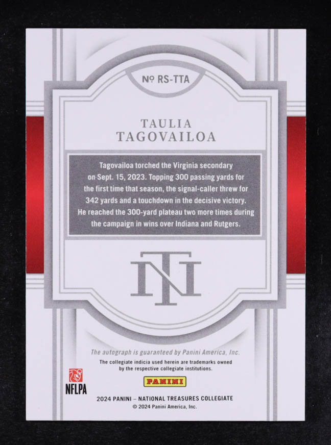 Taulia Tagovailoa 2024 Panini National Treasures Collegiate Rookie Signatures #23 #09/99 RC at PristineAuction.com Taulia Tagovailoa 2024 Panini National Treasures Collegiate Rookie Signatures #23 #09/99 RC at PristineAuction.com