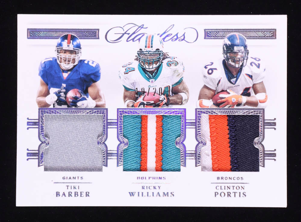 Ricky Williams / Clinton Portis / Tiki Barber 2021 Panini Flawless Triple Patches Silver #13 #19/20 at PristineAuction.com Ricky Williams / Clinton Portis / Tiki Barber 2021 Panini Flawless Triple Patches Silver #13 #19/20 at PristineAuction.com