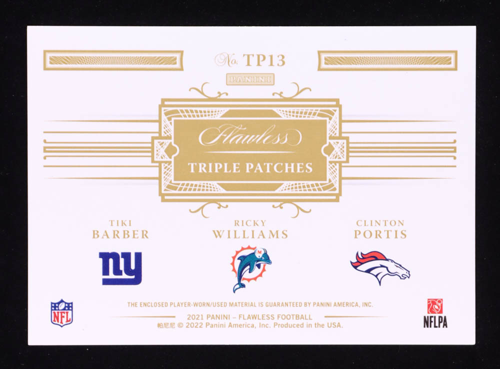 Ricky Williams / Clinton Portis / Tiki Barber 2021 Panini Flawless Triple Patches Silver #13 #19/20 at PristineAuction.com Ricky Williams / Clinton Portis / Tiki Barber 2021 Panini Flawless Triple Patches Silver #13 #19/20 at PristineAuction.com