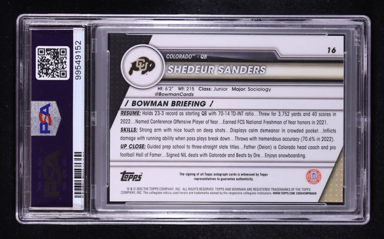 Shedeur Sanders 2023 Bowman Chrome University Autographs #16 RC (PSA 9) at PristineAuction.com Shedeur Sanders 2023 Bowman Chrome University Autographs #16 RC (PSA 9) at PristineAuction.com