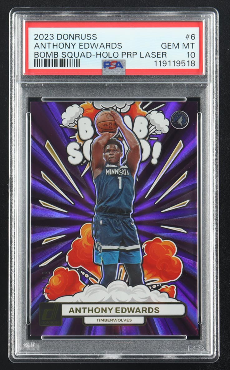 Anthony Edwards 2023 Donruss Bomb Squad Holo Purple Laser #6 #72/99 (PSA 10) at PristineAuction.com Anthony Edwards 2023 Donruss Bomb Squad Holo Purple Laser #6 #72/99 (PSA 10) at PristineAuction.com