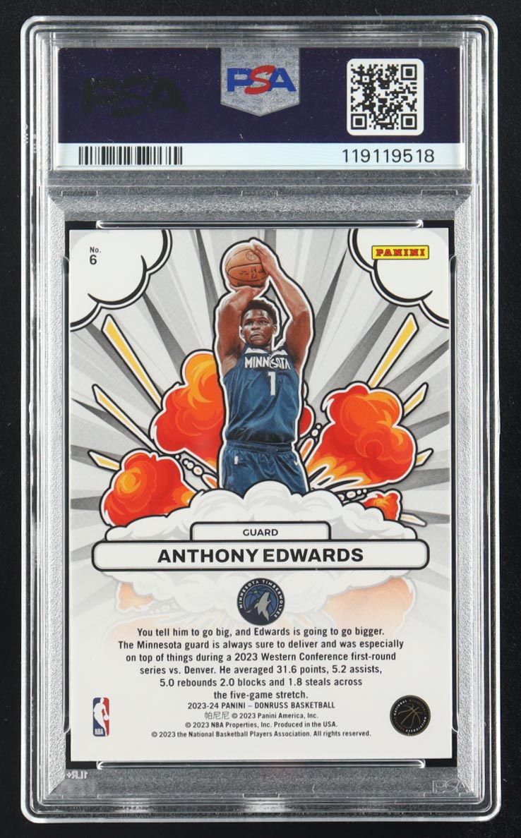 Anthony Edwards 2023 Donruss Bomb Squad Holo Purple Laser #6 #72/99 (PSA 10) at PristineAuction.com Anthony Edwards 2023 Donruss Bomb Squad Holo Purple Laser #6 #72/99 (PSA 10) at PristineAuction.com