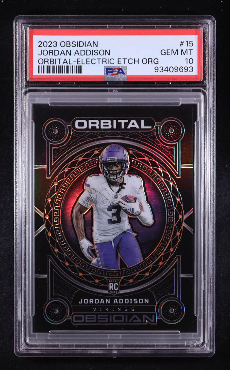 Jordan Addison 2023 Panini Obsidian Orbital Electric Etch Orange #15 #47/65 RC (PSA 10) at PristineAuction.com Jordan Addison 2023 Panini Obsidian Orbital Electric Etch Orange #15 #47/65 RC (PSA 10) at PristineAuction.com