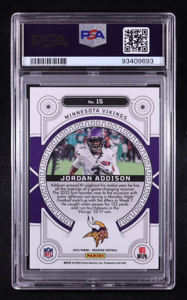 Jordan Addison 2023 Panini Obsidian Orbital Electric Etch Orange #15 #47/65 RC (PSA 10) at PristineAuction.com Jordan Addison 2023 Panini Obsidian Orbital Electric Etch Orange #15 #47/65 RC (PSA 10) at PristineAuction.com