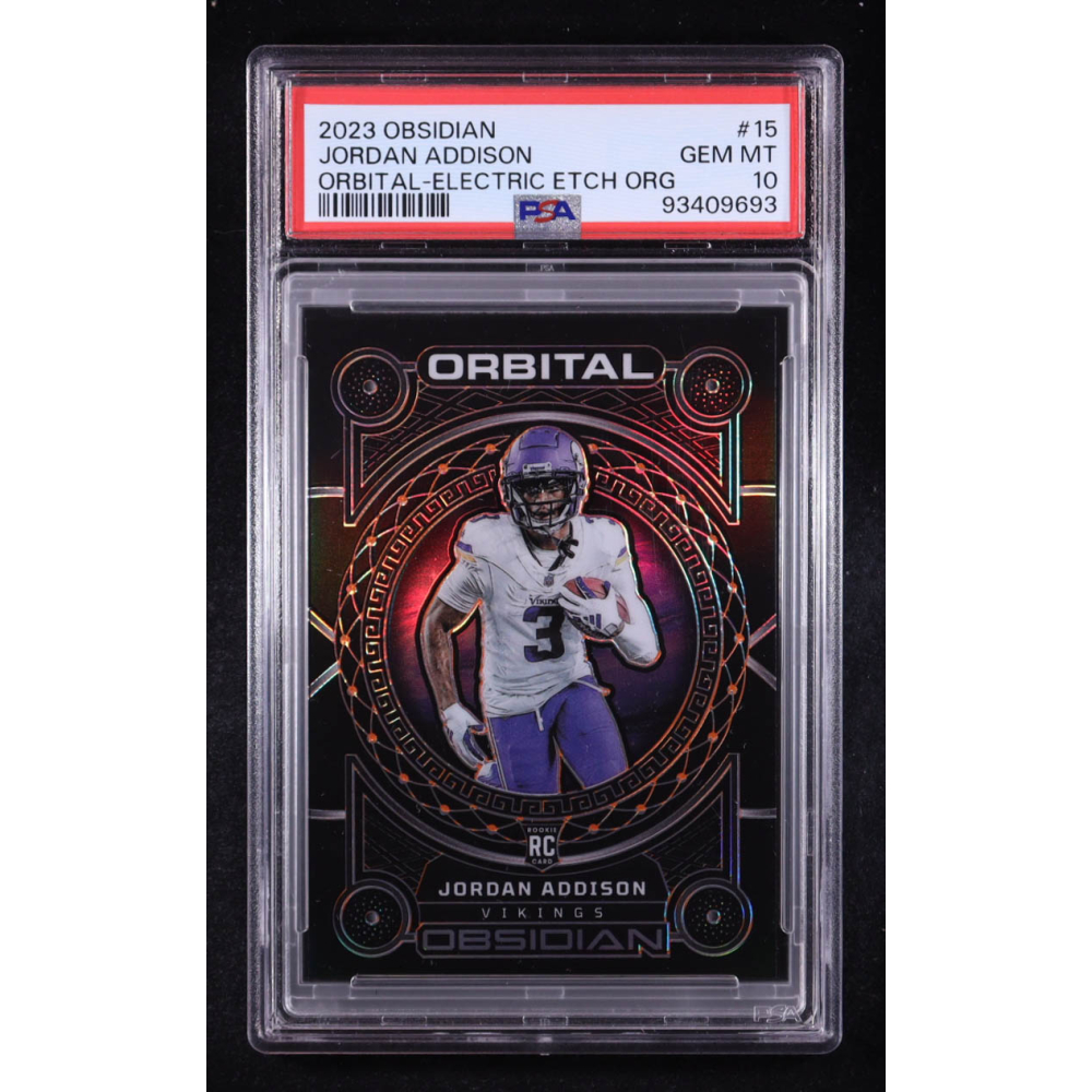 Jordan Addison 2023 Panini Obsidian Orbital Electric Etch Orange #15 #47/65 RC (PSA 10) at PristineAuction.com