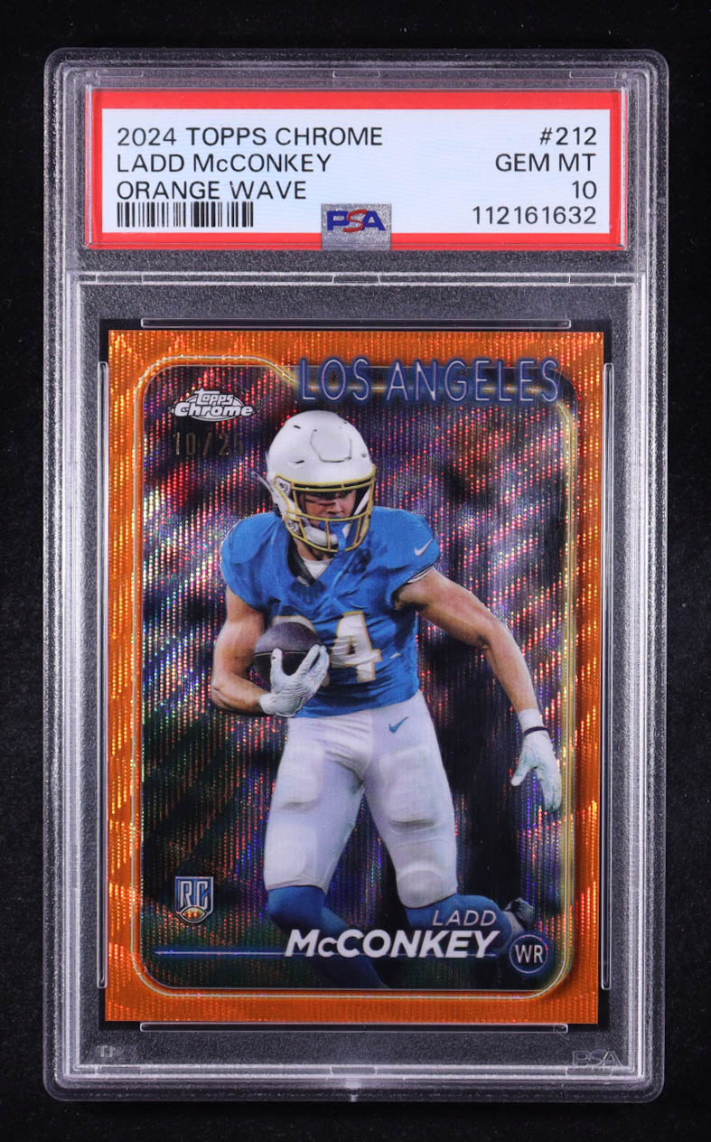 Ladd McConkey 2024 Topps Chrome Orange Wave Refractors #212 #10/25 RC (PSA 10) at PristineAuction.com Ladd McConkey 2024 Topps Chrome Orange Wave Refractors #212 #10/25 RC (PSA 10) at PristineAuction.com