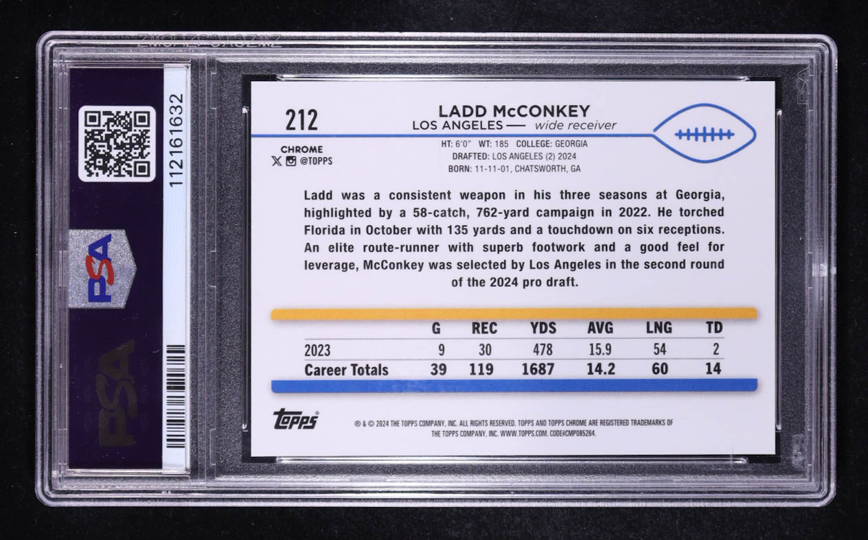 Ladd McConkey 2024 Topps Chrome Orange Wave Refractors #212 #10/25 RC (PSA 10) at PristineAuction.com Ladd McConkey 2024 Topps Chrome Orange Wave Refractors #212 #10/25 RC (PSA 10) at PristineAuction.com