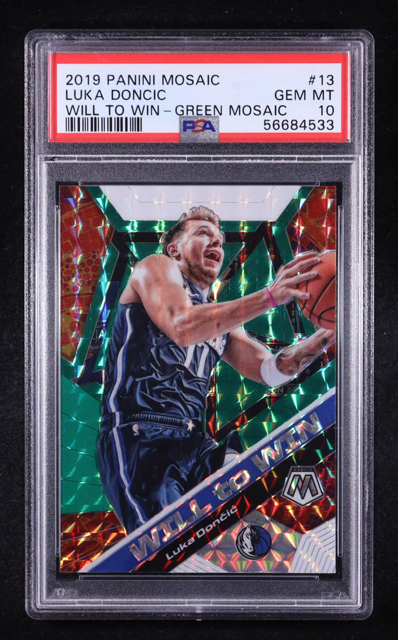 Luka Doncic 2019-20 Panini Mosaic Will to Win Mosaic Green #13 (PSA 10) at PristineAuction.com Luka Doncic 2019-20 Panini Mosaic Will to Win Mosaic Green #13 (PSA 10) at PristineAuction.com