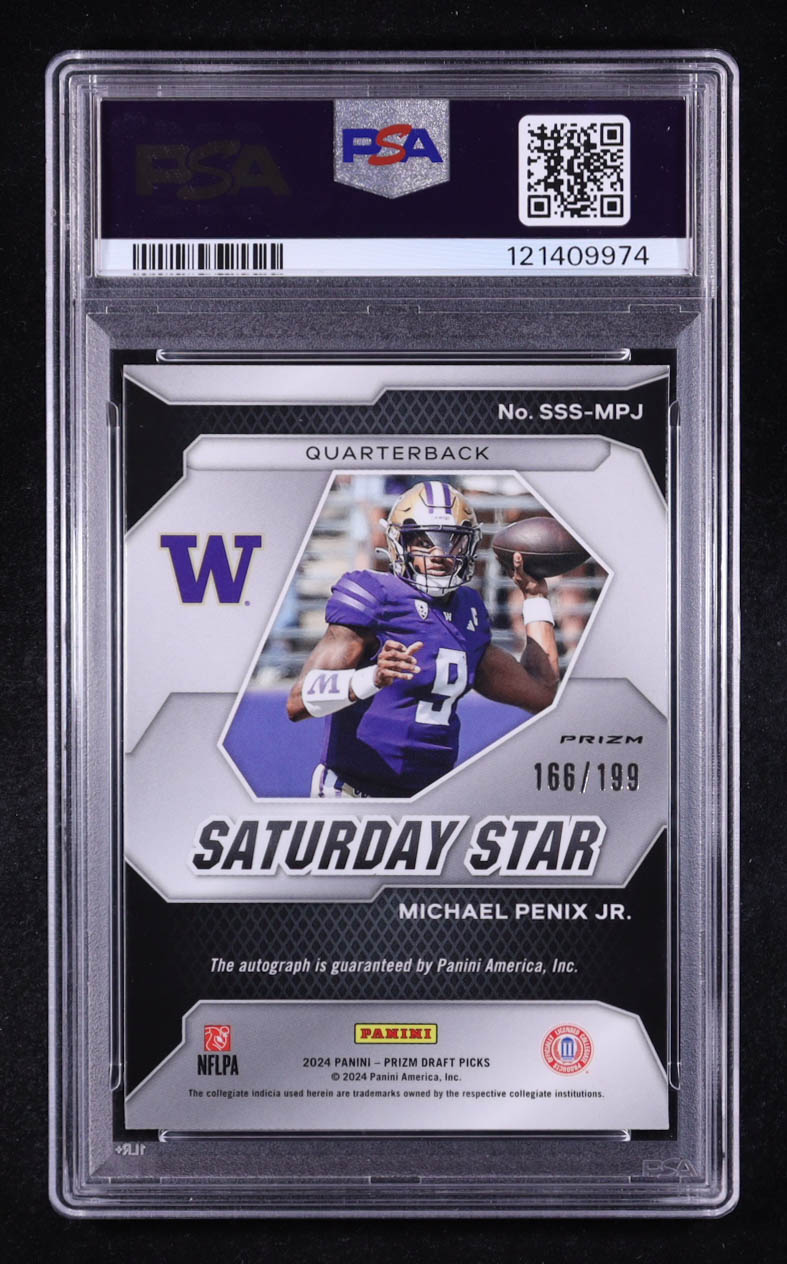 Michael Penix Jr. 2024 Panini Prizm Draft Picks Saturday Star Signatures Red #1 #166/199 RC (PSA 10) at PristineAuction.com Michael Penix Jr. 2024 Panini Prizm Draft Picks Saturday Star Signatures Red #1 #166/199 RC (PSA 10) at PristineAuction.com
