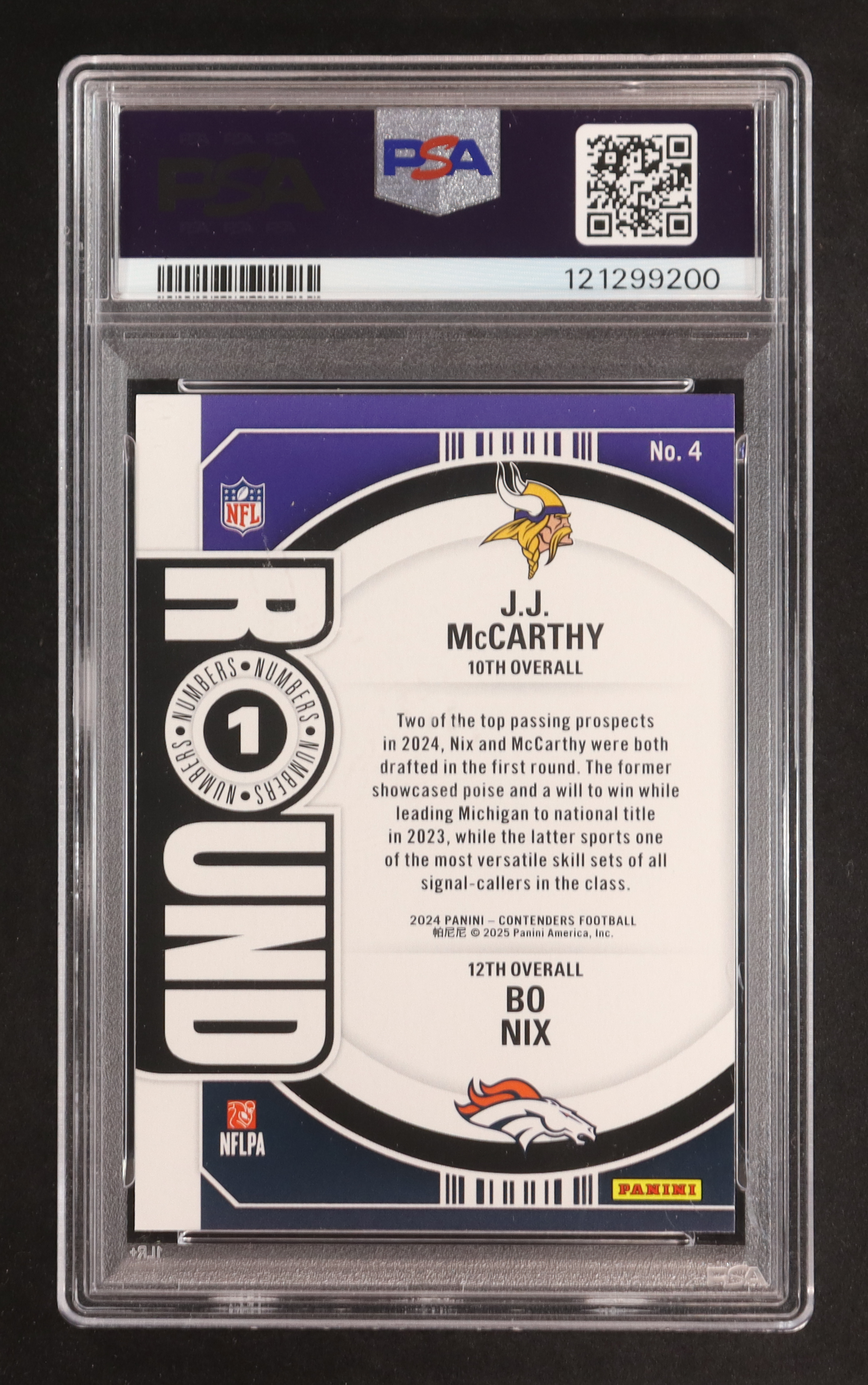 Bo Nix / JJ McCarthy 2024 Panini Contenders Round Numbers #4 RC (PSA 8) at PristineAuction.com Bo Nix / JJ McCarthy 2024 Panini Contenders Round Numbers #4 RC (PSA 8) at PristineAuction.com