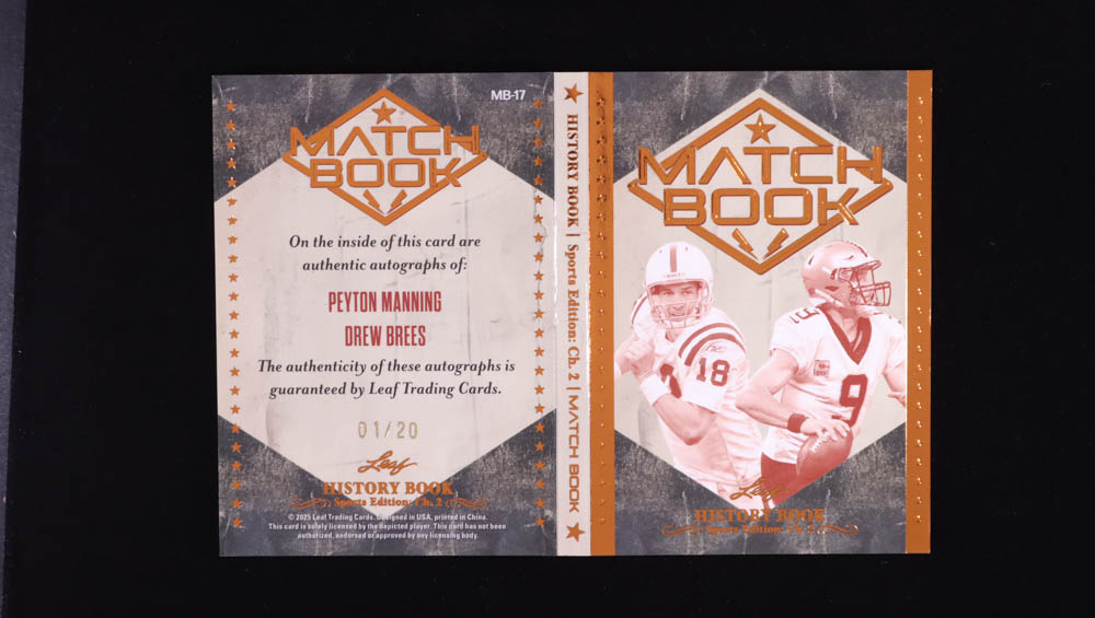 Peyton Manning / Drew Brees 2025 Leaf History Book Sports Edition Chapter 2 Match Book Bronze Foil #MB17 #01/20 at PristineAuction.com Peyton Manning / Drew Brees 2025 Leaf History Book Sports Edition Chapter 2 Match Book Bronze Foil #MB17 #01/20 at PristineAuction.com