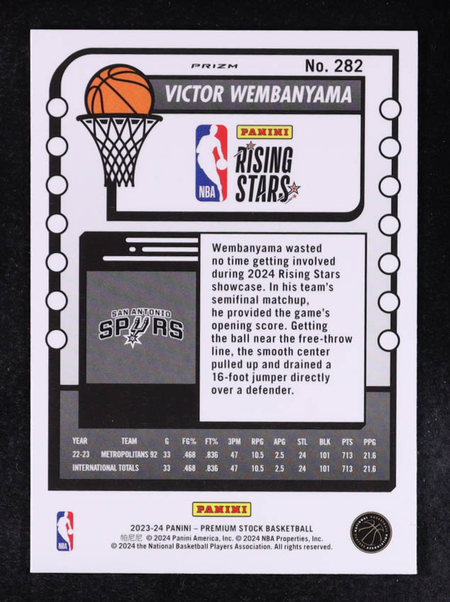 Victor Wembanyama 2023-24 Hoops Premium Stock Ice Prizm #282 RC at PristineAuction.com Victor Wembanyama 2023-24 Hoops Premium Stock Ice Prizm #282 RC at PristineAuction.com