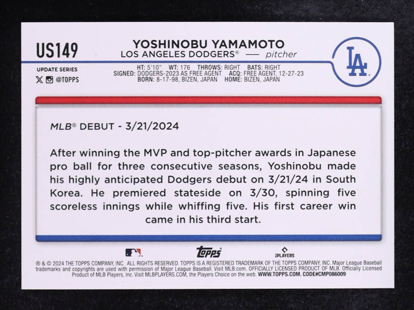 Yoshinobu Yamamoto 2024 Topps Update Silver Crackle Foil #US149 RC at PristineAuction.com Yoshinobu Yamamoto 2024 Topps Update Silver Crackle Foil #US149 RC at PristineAuction.com