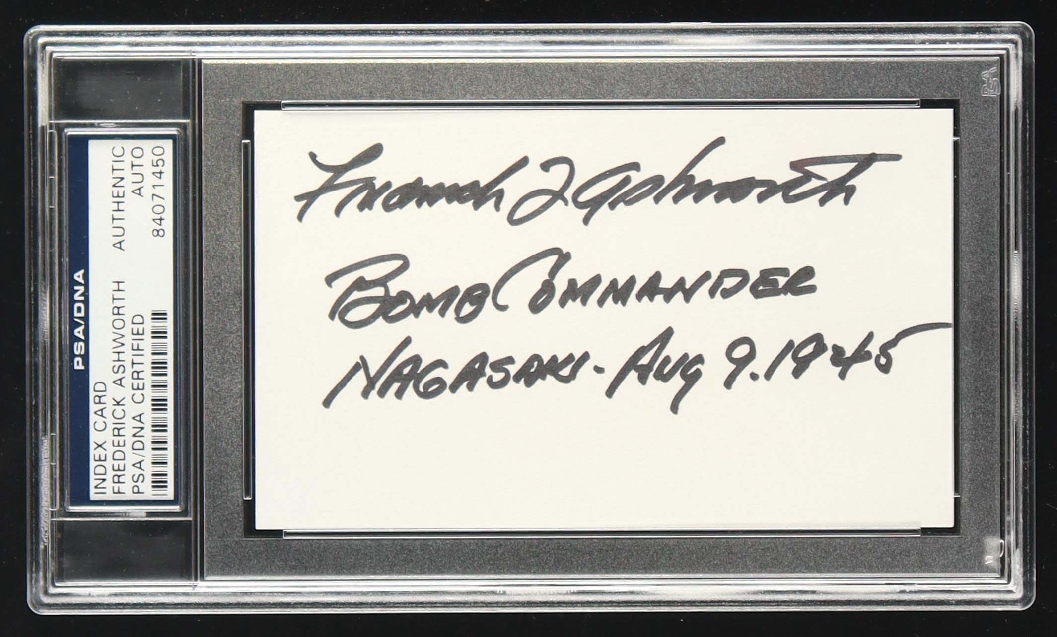 Frederick Ashworth Signed Index Card Inscribed "Bomb Commander" & "Nagasaki - Aug 9, 1945" (PSA) at PristineAuction.com Frederick Ashworth Signed Index Card Inscribed "Bomb Commander" & "Nagasaki - Aug 9, 1945" (PSA) at PristineAuction.com